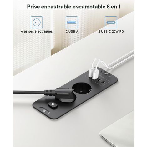 Multiprise encastrée avec ports USB, multiprise encastrée de comptoir avec interrupteur, 2 ports USB-C (PD 20W) et 2 ports USB-A, adaptée aux cuisines et aux bureaux. (1/4)