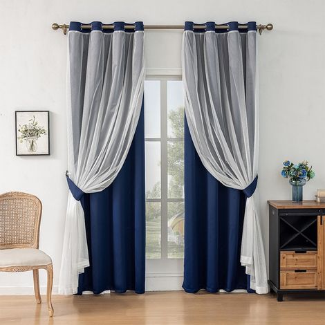Rideaux double épaisseur occultants avec voilage intégré – design uni – 2 pièces – forte protection contre la lumière （Bleu foncé-132×213cm)