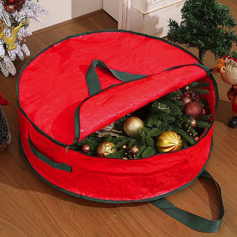 Sac De Rangement Pour Ornements De Noël - Boîte Ronde Rouge Avec Poignées - Pour Boules, Couronnes Et Décorations Festives - 1 Pièce (1/5)