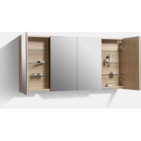 Stano. – Armoire murale de salle de bain 144 cm – 4 portes – Panneau de particules chêne clair texturé – 3 étagères en verre – Pré-montée pour installation rapide (1/4)