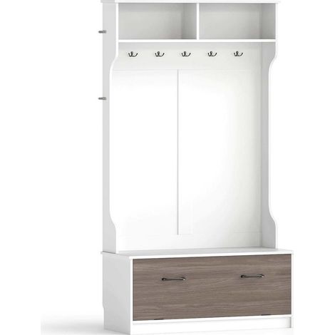 2 compartiments hauts, 2 bas et 5 crochets, vestiaire d'entrée avec porte-manteau et meuble à chaussures blanc (1/2)