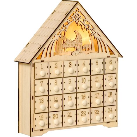 Calendario dell'Avvento 26,6x6x30 cm 24 Cassetti e Presepe Intagliato in Legno (1/5)