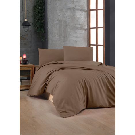 Parure de lit - 1 housse de couette 220 x 240 cm + 2 taies d'oreiller 60 x 60 cm - 100 % coton renforcé - Marron (1/3)