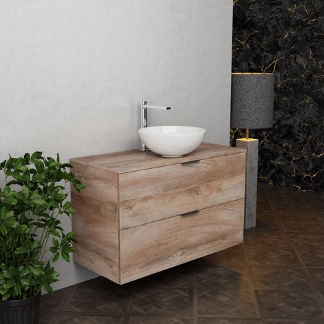 Inda - Badezimmerschrank B.100 mit Aufsatzwaschbecken / Natureiche 2 Schubladen - Topazio (1/5)