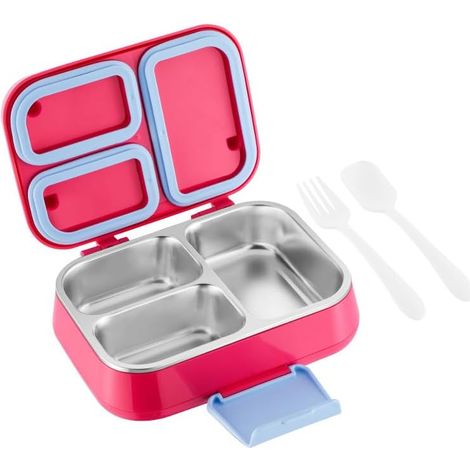 Bento Box per Bambini a Doppia Parete in Acciaio Inossidabile, Lunch Box in Acciaio Inossidabile 304 a Tenuta Stagna con 3 Scomparti, Contenitore per Alimenti Rosso e Rosa per Scuola e Ufficio (1/5)