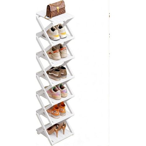 Étagère à chaussures en bambou - rangement à chaussures pliable, étagère multifonctionnelle pour entrées, coins, chambres, balcons, 7 étages, blanche (1/5)
