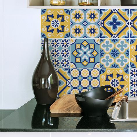 Sticker Mural Carrelage adhésif Cuisine Salle de Bain - 9 STICKERS CARREAUX DE CIMENT AZULEJOS INDIA - 9stickers15x15cm (1/5)