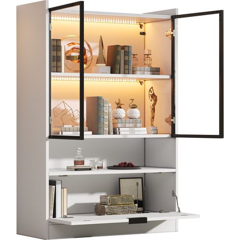 Vitrine LED blanche 120 cm en panneau de particules et verre trempé, avec étagères et abattant inférieur, pour salon ou salle à manger  CHICFURN (1/5)