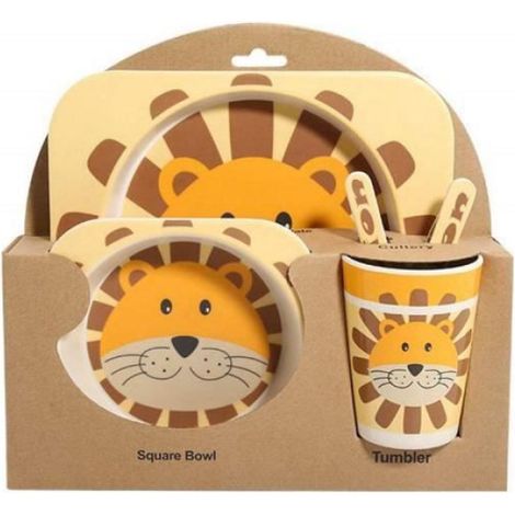 Set Table Enfant - Fibre De Bambou - Motif Lion Jaune - 5 Pièces Assiette Tasse Bol Cuillère Fourchette