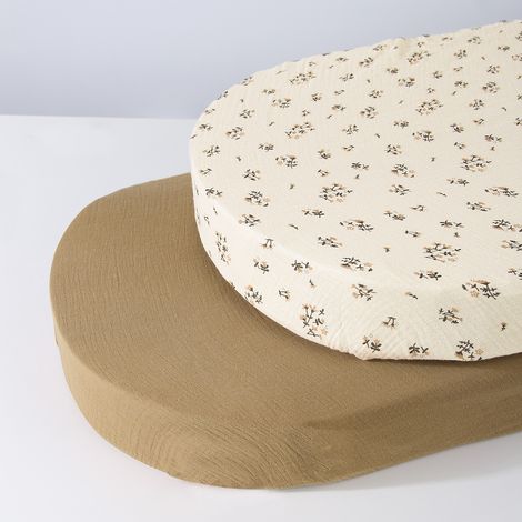 Ensemble de draps-housses en mousseline de coton pour berceau (imprimé floral et uni) – Protège-matelas amovible et lavable (81 x 41 x 13 cm) – Ensemble de 2 pièces de draps-housses en pur coton pour (1/4)