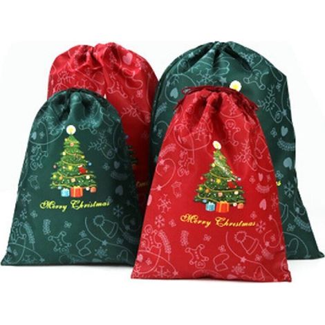 Sacs cadeaux sapin de Noël - Sacs cadeaux rouges et verts à cordon, sacs cadeaux de Noël, sacs réutilisables à motif sapin de Noël pour enfants et adultes, lot de 4 (1/5)