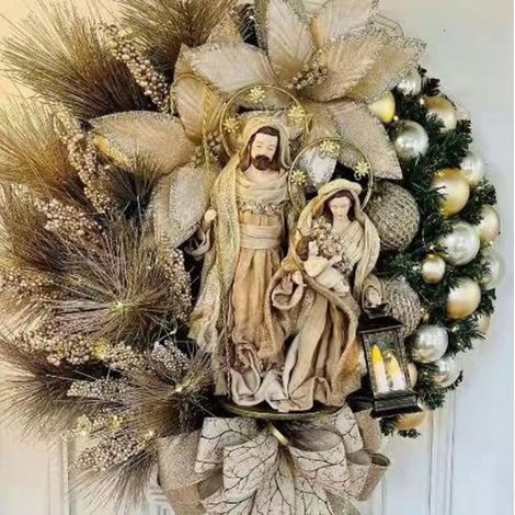 Guirlande De Noël - Guirlande Religieuse Avec Figurine De La Vierge - Décor En Résine Naturelle Avec Branches Baies Fleurs Boules Et Lumières Led - 1 Pièce (1/3)