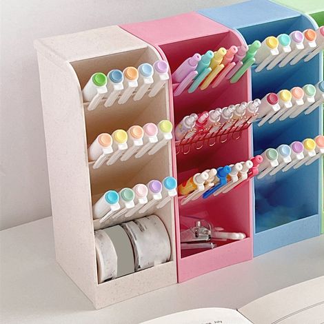 Ein verspielter Schreibtisch-Organizer im koreanischen Stil, perfekt für Instagram, mit schlichten Fächern im Macaron-Design, darunter ein Stiftehalter, ein Halter für Make-up-Pinsel und ein Lippensti (1/5)
