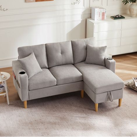 Divano angolare 175/129/90 cm in grigio chiaro con chaise longue, portaoggetti e 2 cuscini (1/5)