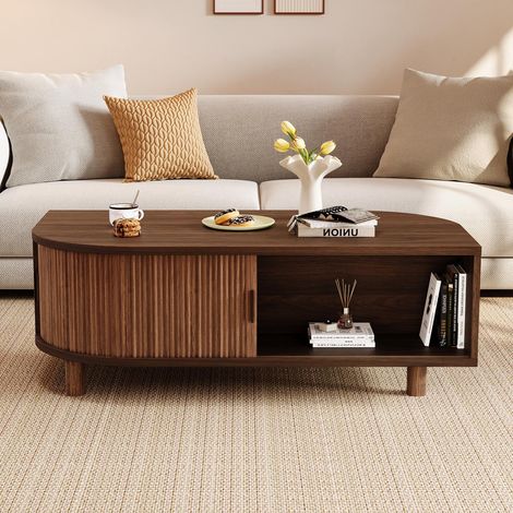 Table basse - 100 x 50 x 35 cm - double porte coulissante à rideaux avec espace de rangement - style scandinave moderne en mdf - noyer (1/5)