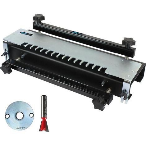 Gabarit à queue d'aronde 305 mm – Fraise 12,7 mm pour défonceuse – Acier galvanisé – Butées de réglage – IACD300 – Mw-Tech (1/4)