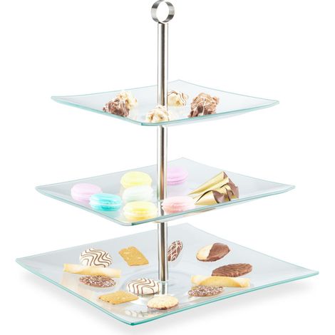 Relaxdays Soporte Tartas 3 Pisos, Cuadrado, Bandeja Cupcakes, Plato Galletas, Frutero, 40x30x30, Transparente y Plateado