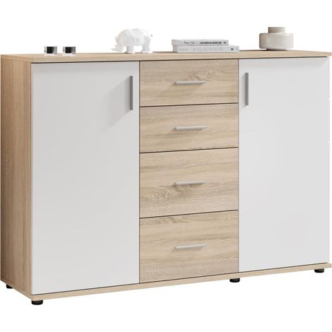 Credenza Soggiorno Rovere Bianco 120x35x82 cm 2 Ante 4 Cassetti