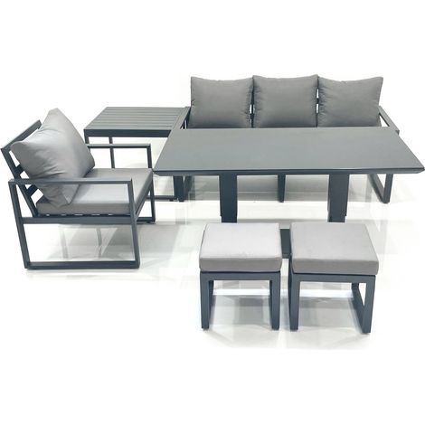Fimous 6 Seater Garden Sofa Set Aluminium Furniture Rising Dining Tabe Set with Chair Side Table 2 Small Footstools Dark Grey (1/5)