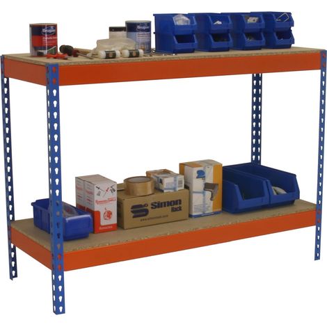 Mesa de Trabajo Taller, Carga Máxima 400 kg, 900x1800x750 mm, 2 Estantes, Azul/Naranja/Madera - BT-BASIC SimonRack (1/3)