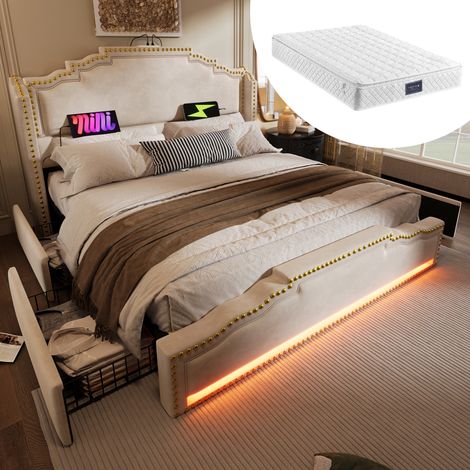 140x200 cm lit double avec matelas, 4 tiroirs, LED, ports USB-C, sommier à lattes, pour chambre ado ou adulte (1/5)