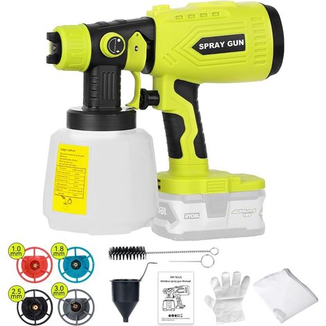 Pistolet à peinture HVLP sans fil compatible avec la batterie Ryobi 18V ONE+, 200 W, haute puissance, avec 4 buses en cuivre, 3 modes de pulvérisation et un réservoir de 1000 ml (batterie non incluse)