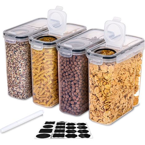 Set di quattro contenitori ermetici di grande capacità (2,5 l), privi di BPA, ideali per organizzare e conservare cereali, riso, pasta, ecc. Include etichette e un pennarello. (1/5)