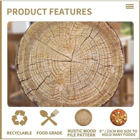 Assiettes En Carton - Diamètre 22 9 Cm - Motif Grain De Bois - Lot De 50 (1/4)