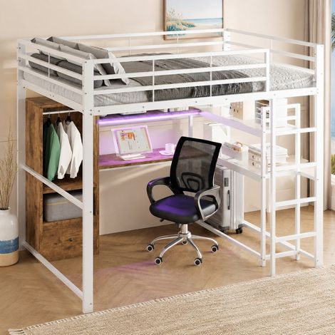 MEUBLIV Letto a soppalco 140x200 cm bianco – LED, scrivania e vani contenitori, senza materasso (1/5)