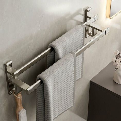 Bathroom Towel Rack Without Holes Double Arm Towel Rack Bathroom Double Space Aluminum Bathroom Towel Rack Self Adhesive Towel Rack Metallic Gray Double Rod 50CM (1/5)