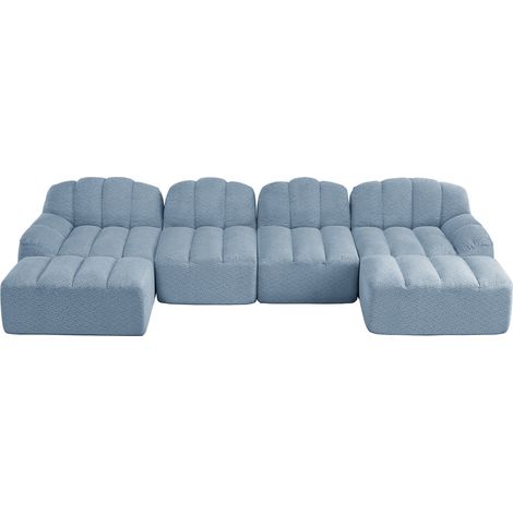 Canapé modulaire en U 4 places avec 2 ottomans, forme coquillage, canapé sans armature en mousse haute densité 32D, assise profonde, idéal pour le salon, tissu doux, bleu (1/5)