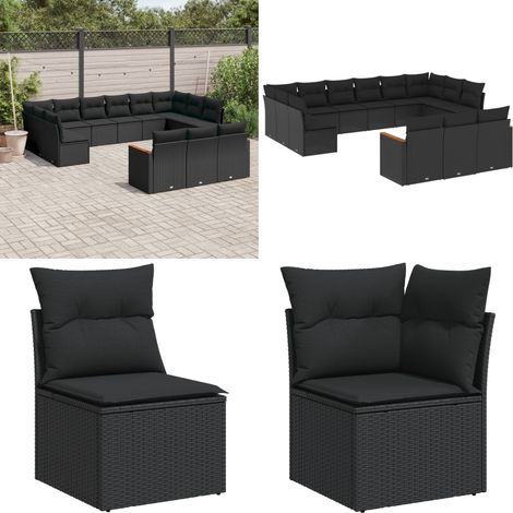 Salon de jardin avec coussins 13 pcs noir résine tressée - Ensemble Salon De Jardin - Mobilier De Jardin - Canapé Extérieur - Chaise Longue - Set Salon De Jardin - Home & Living (1/5)