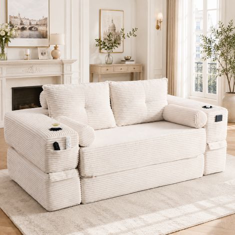Divano letto 2 posti in velluto a coste beige, schiuma ad alta densità, molle, 220 kg DESVIAE (1/5)