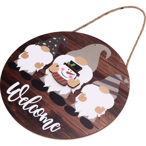 Panneau suspendu rond en bois avec gnome et lumières LED, décoration charmante pour porche de maison de ferme (1/5)