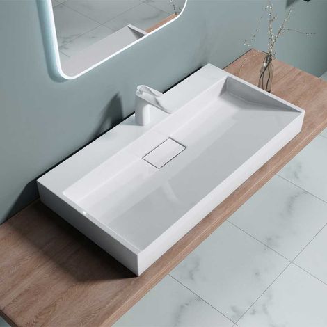 Bathroom Cloakroom 900 x 460mm (WxD) Cast Stone Resin Bathroom Basin - Wall Hung Or Countertop basin Sink One Tap Hole - Concealed Waste - Durovin Bathrooms