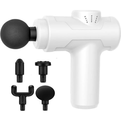 Pistola massaggiante, ideale per sport e fitness, con 4 testine massaggianti intercambiabili, 6 velocità regolabili, modello mini ad azione profonda (bianca). (1/5)