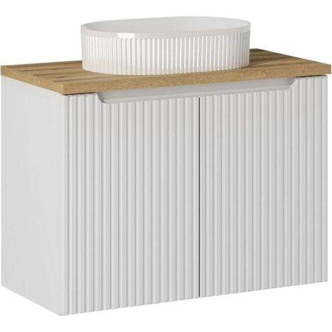Badezimmer-Set VANO weiß 80cm: Unterschrank mit Schränken + Platte für das Waschbecken + gerilltes Aufsatzwaschbecken in Weiß