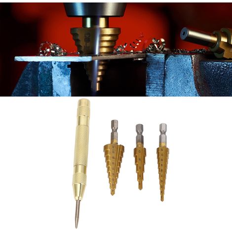 Juego de brocas escalonadas HSS-Ti, 3 piezas, doble ranura, alta resistencia para madera, metal y acero. (1/5)
