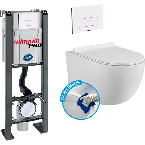 Wirquin Pro – Pack complet WC suspendu sans bride – Bâti autoportant avec cuvette blanche – Abattant thermodur ultra fin – Installation rapide sans outil