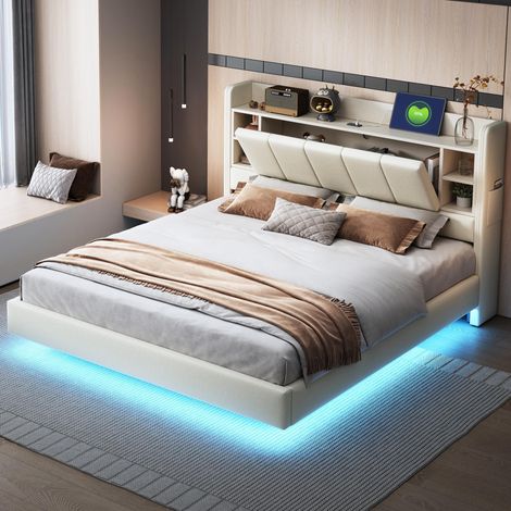 , Lit rembourré 160x200cm, avec prise USB et bande lumineuse, tête de lit réversible avec compartiments de rangement et étagères avec petits compartiments, cadre en métal robuste... (1/5)