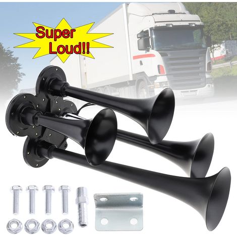 Adatto per 4 trombe Tromba ad aria compressa Tromba da treno 12V 150dB Super forte Nera Tromba ad aria compressa a quattro trombe per auto Camion Barche SUV Moto Veicoli (1/5)