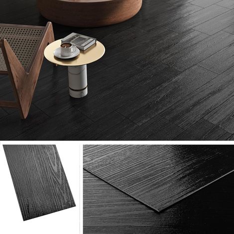 Lino Sol Adhesif Bois Noir 90x15CM Dalle PVC Adhesive Sol Cuisine Bois Foncé 36-Pièces Faux Carrelage Adhésif Sols Salle de Bain Parquet Adhesif Sols PVC Adhésif Dalle Noir Salon Chambre (1/5)