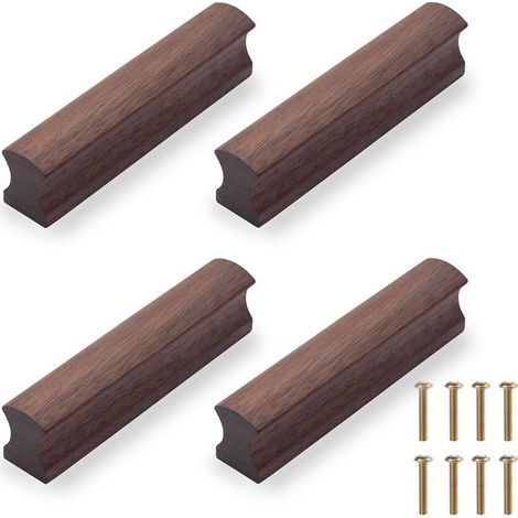 Poignée de Meuble en Bois 4Pcs Poignée de Tiroir Bouton de Porte Cuisine Poignées de Placard, Longueur Totale 100mm (Noyer Noir) (1/5)