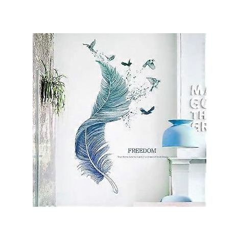 Stickers muraux papillons, motifs plumes dynamiques, décoration murale facile à poser pour chambre et salon, bleu, 124 × 72 cm (1/4)
