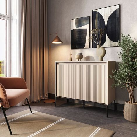 Bobochic – Buffet bas 2 portes 98 cm – Éclairage LED inclus – 4 étagères – Panneaux de particules mélaminés – Style moderne – Couleur beige (1/4)