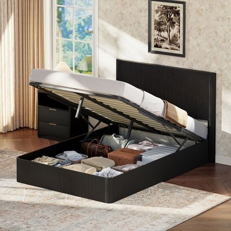 Letto matrimoniale con contenitore, 140x200 cm, con sistema idraulico, rete a doghe e struttura in metallo MDF nero.