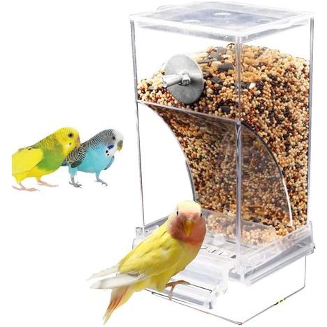 automatischer, transparenter Futterautomat mit Samenauffangschale und Abfallschublade für Vogelkäfige (1/5)