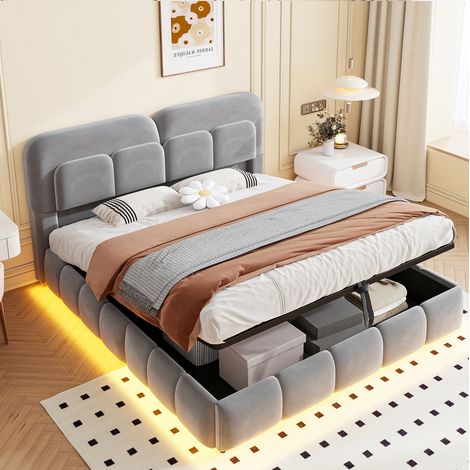Bettgestell 140x200 cm Grau aus Samt mit LED-Beleuchtung und hydraulischem Stauraum (1/5)