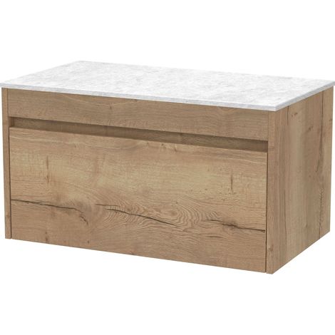 Swainsley Contemporary Wall Hung 1 Drawer Vanity Unit with White Marble Top, 800mm, Autumn Oak