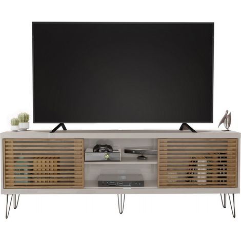 Meuble TV 72 Pouces Blanc et Chêne 4 Niches 2 Portes Coulis. L 180 H 65 P 33 cm (1/5)